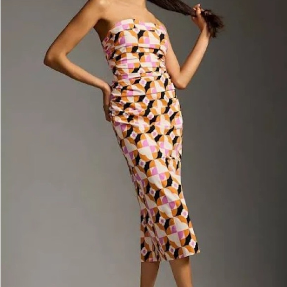 Anthropologie White/Orange/Purple/Black Neutr Mot Strapless Ruched Dress XXS NWT